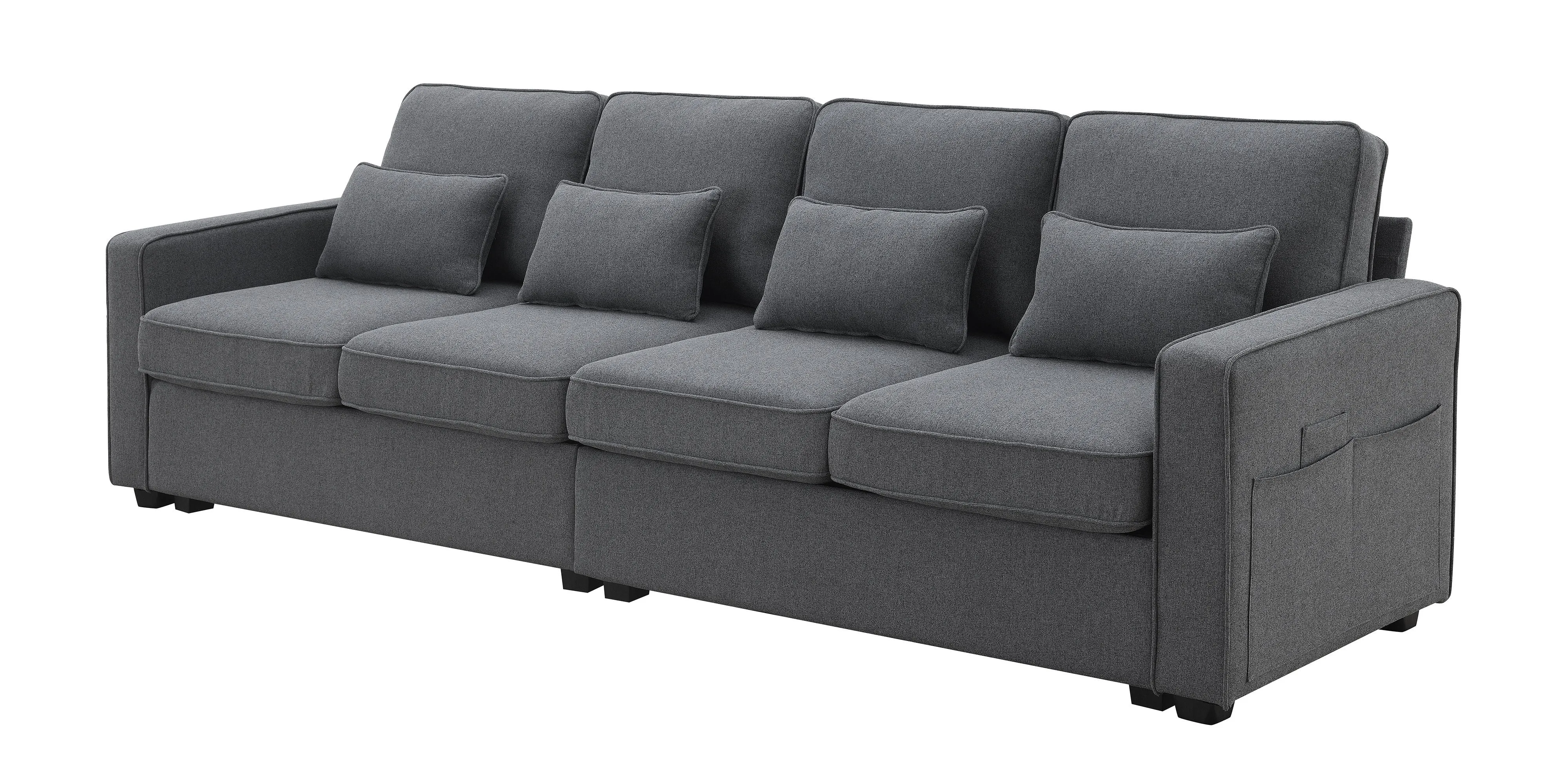 4 Seater Modern Linen Sofa With Armrest Pockets And 4 Pillows, Minimalist Style Couch For Living Room by Couch.com