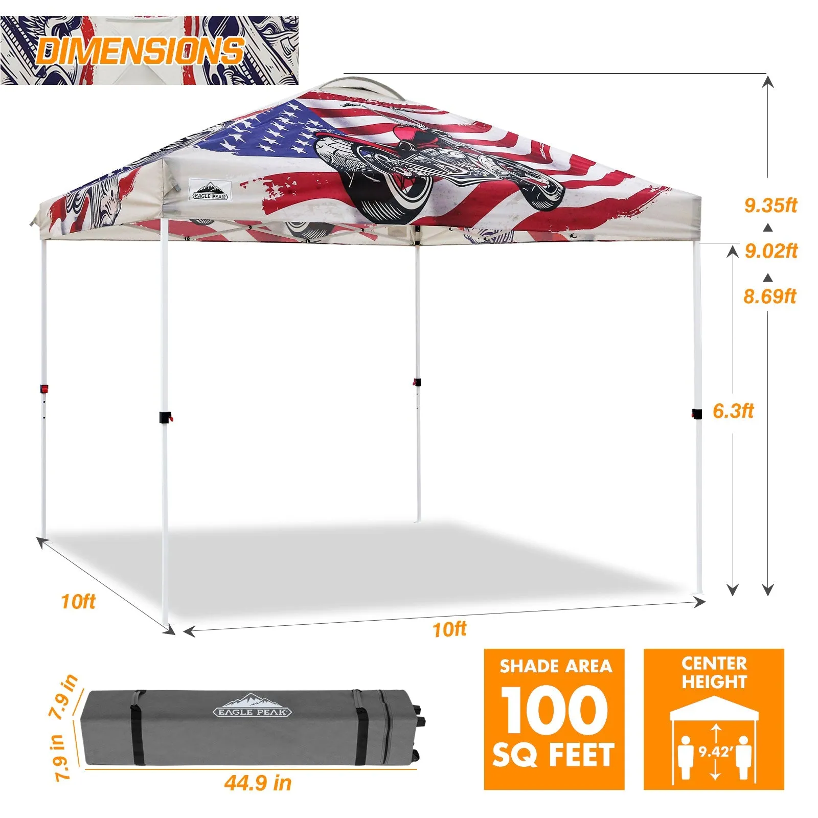 Easy Setup Straight Leg 10x10 Pop Up Canopy Tent Graphix Top w/ 100 sqft of Shade