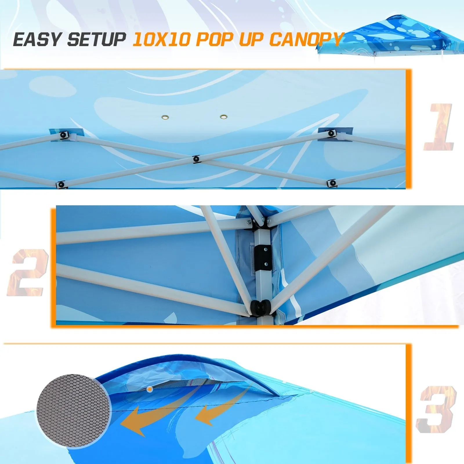 Easy Setup Straight Leg 10x10 Pop Up Canopy Tent Graphix Top w/ 100 sqft of Shade