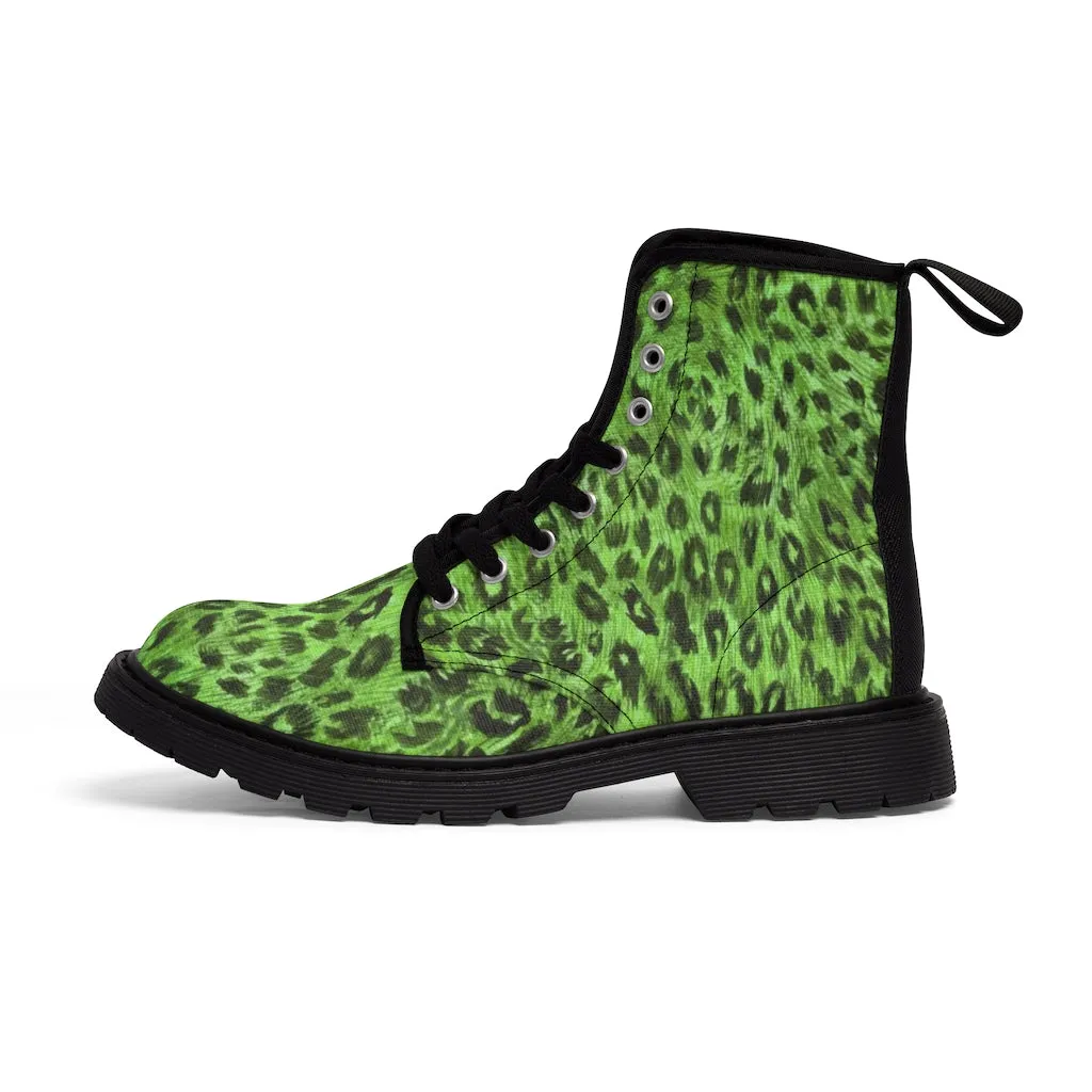 Green Leopard Men Hiker Boots, Designer Animal Print Men's Canvas Laced Up Best Boots