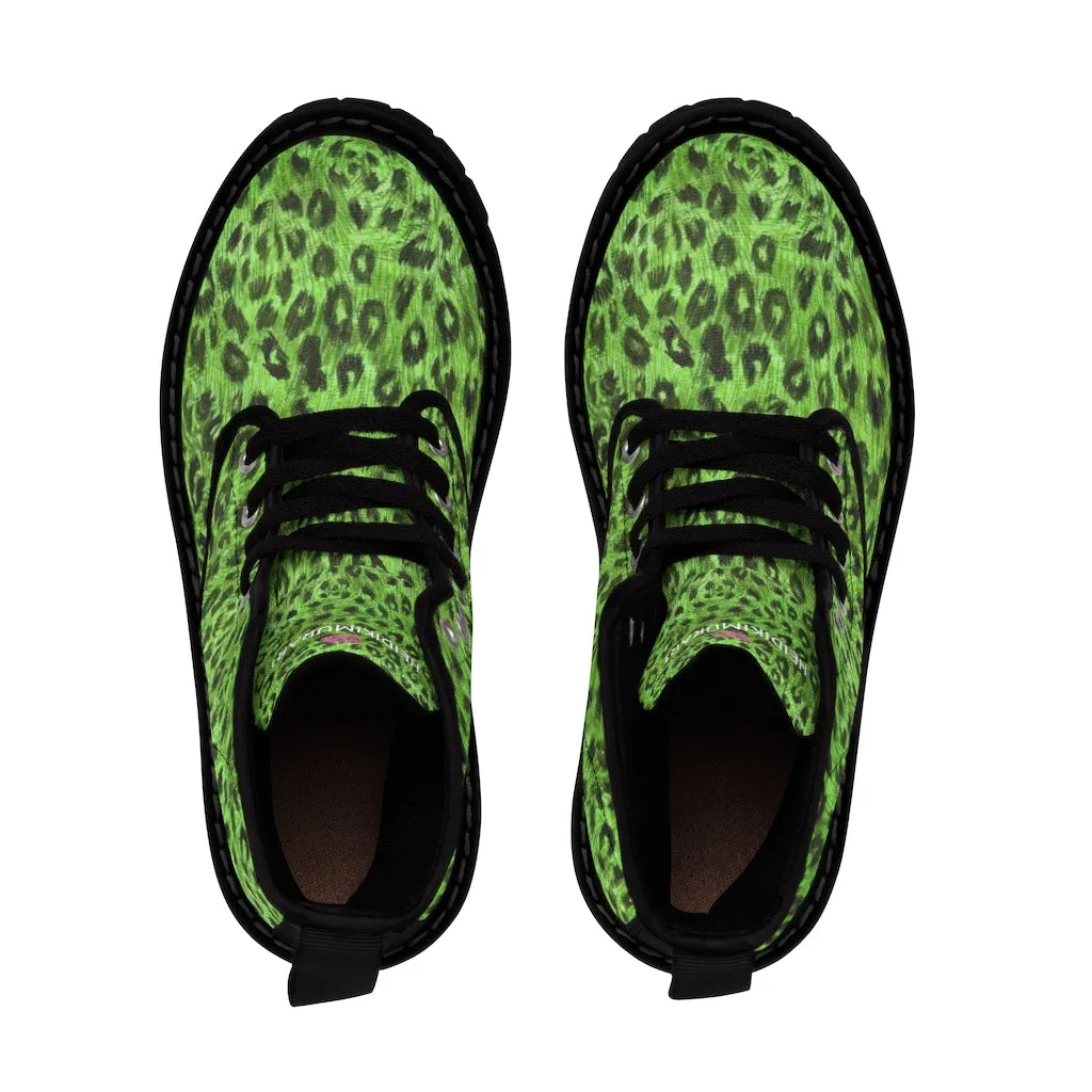 Green Leopard Men Hiker Boots, Designer Animal Print Men's Canvas Laced Up Best Boots