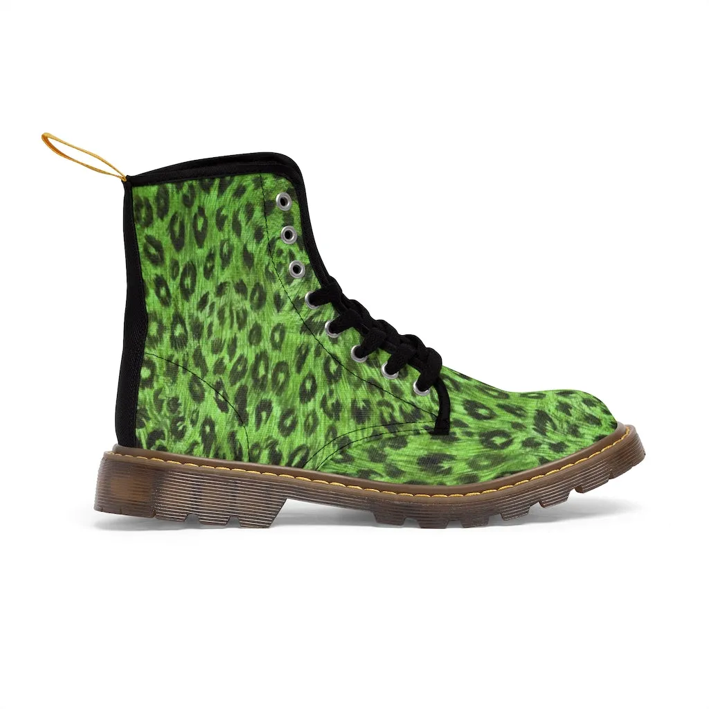 Green Leopard Men Hiker Boots, Designer Animal Print Men's Canvas Laced Up Best Boots