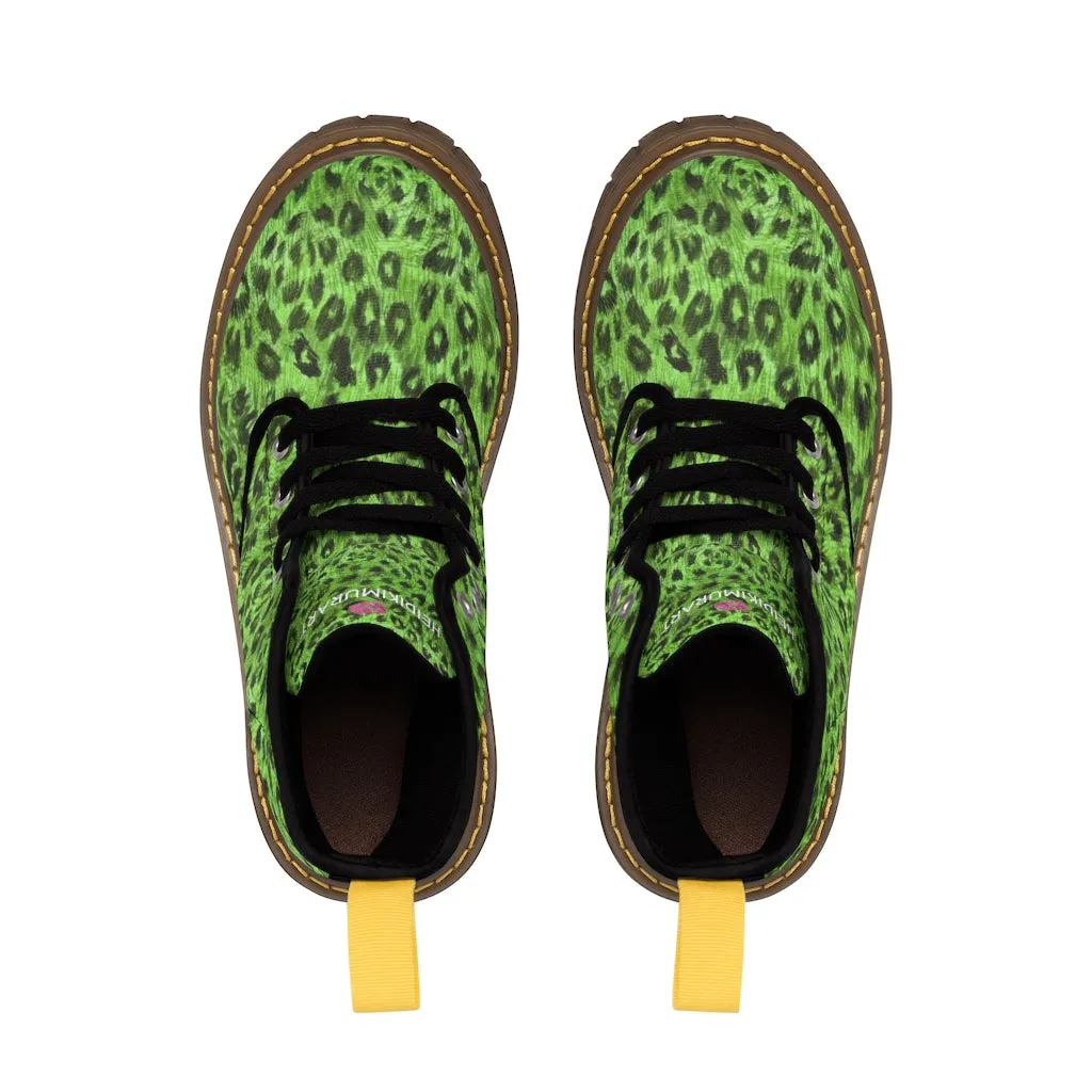 Green Leopard Men Hiker Boots, Designer Animal Print Men's Canvas Laced Up Best Boots
