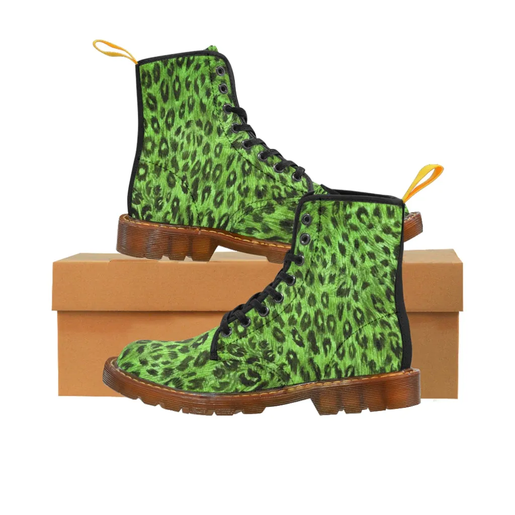 Green Leopard Men Hiker Boots, Designer Animal Print Men's Canvas Laced Up Best Boots