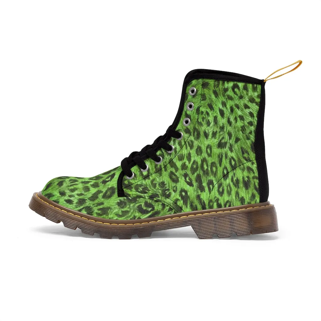 Green Leopard Men Hiker Boots, Designer Animal Print Men's Canvas Laced Up Best Boots