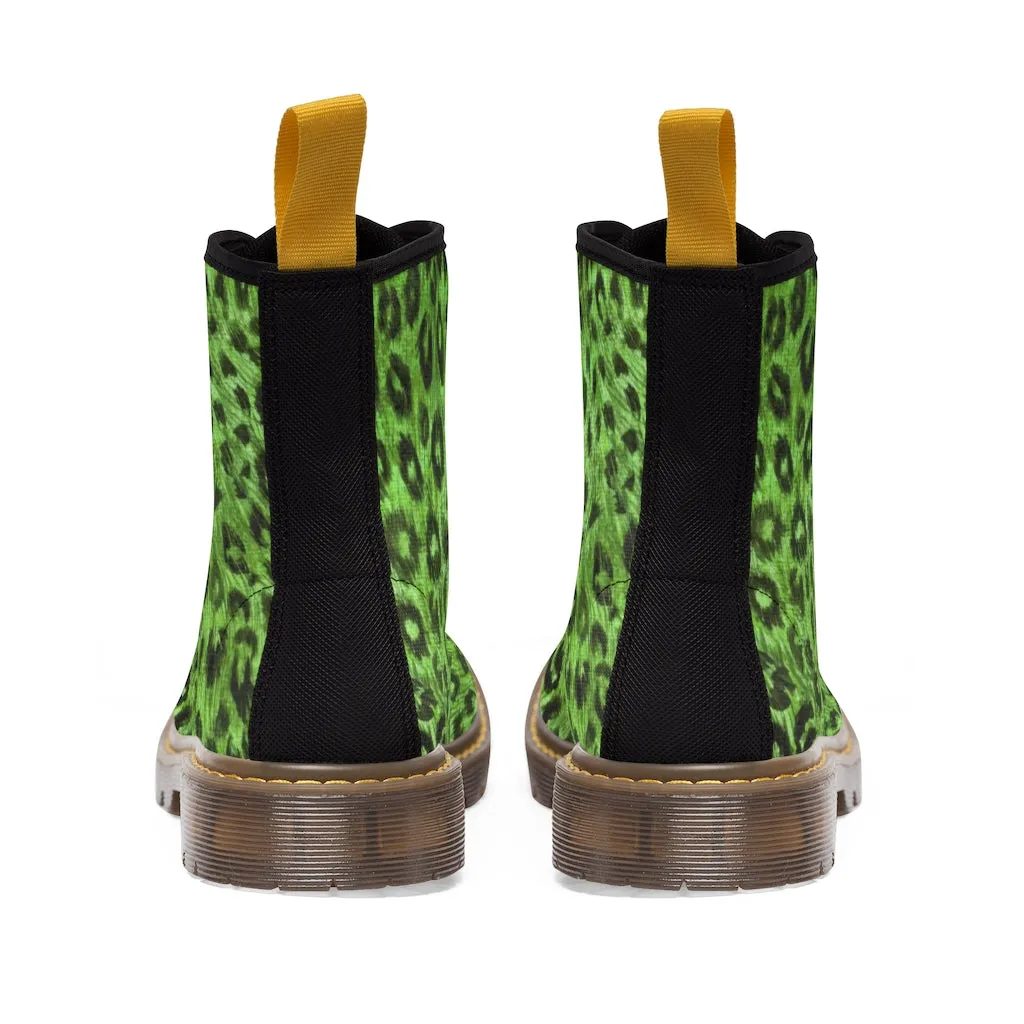 Green Leopard Men Hiker Boots, Designer Animal Print Men's Canvas Laced Up Best Boots
