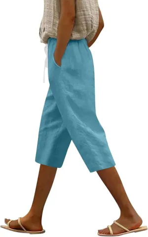 Linen Pants Women Petite Drawstring Cargo Summer Womens Capris Short Loose Capri Pants for Women Stretch Cotton