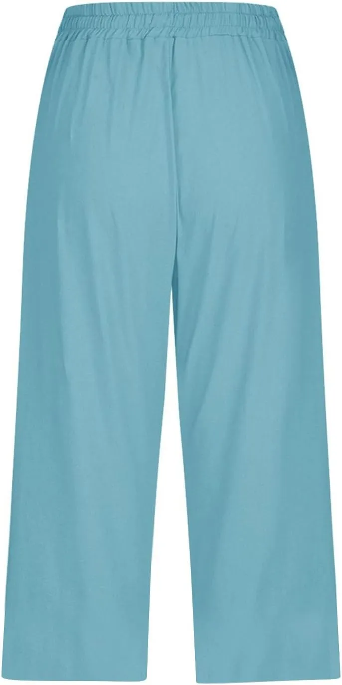 Linen Pants Women Petite Drawstring Cargo Summer Womens Capris Short Loose Capri Pants for Women Stretch Cotton