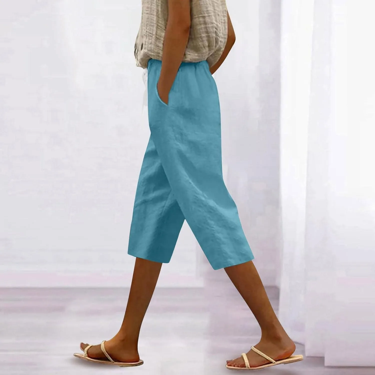 Linen Pants Women Petite Drawstring Cargo Summer Womens Capris Short Loose Capri Pants for Women Stretch Cotton