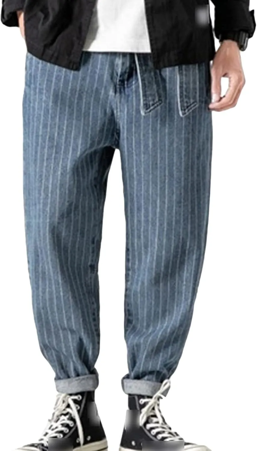 Men's Striped Harem Pants Vintage Casual Loose Cotton Denim Pants Plus Size Distressed Washed Jean Trousers