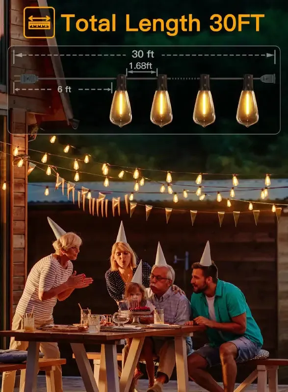 Ollny 30FT ST38 Warm White Outdoor Patio Lights (15 Bulbs, IP45 Waterproof, Connectable, 2200k)