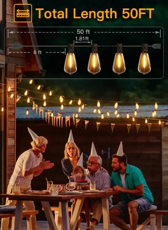 Ollny 50FT ST38 Warm White Outdoor Patio Lights (25 Bulbs, IP45 Waterproof, Connectable, 2200k)