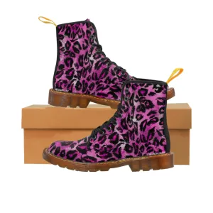 Pink Leopard Women's Canvas Boots, Best Leopard Animal Print Winter Boots For Ladies