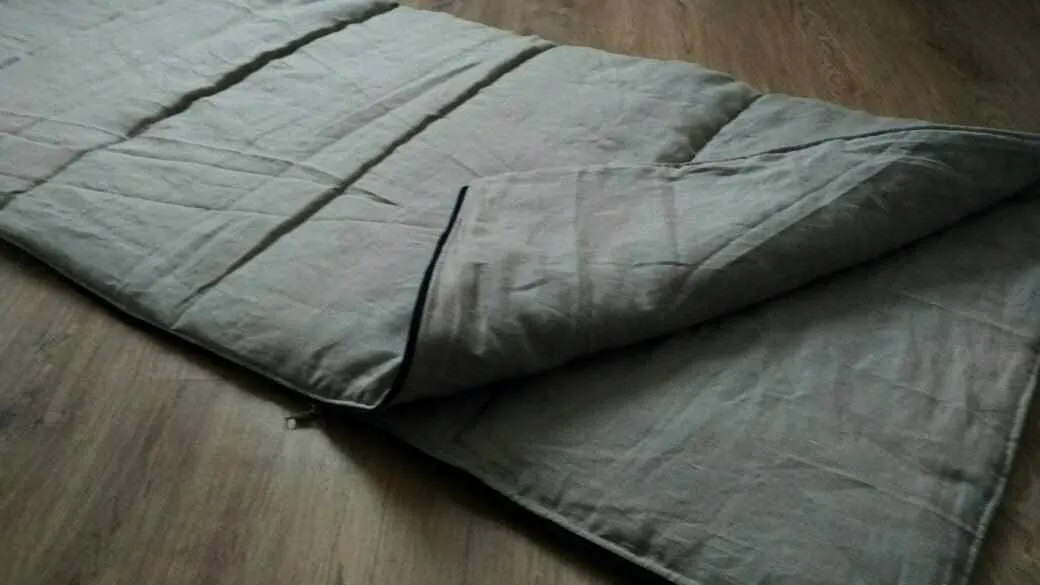 Special listing for O.: 10 pcs in folded 110 x 200 cm Hemp filled sleeping bags in natural non-dyed linen   10 pcs Mustard multi-chamber covers