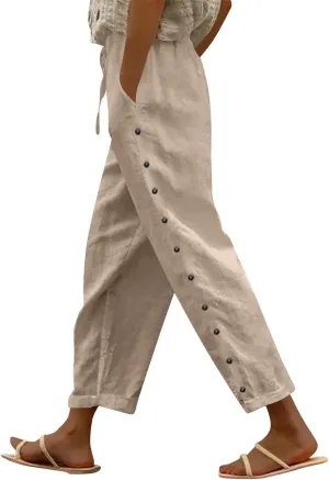 Trousers Pants for Women Button Down Loose Petite Short Womens Capris Summer Linen Cotton Capri Pants Stretch Cargo