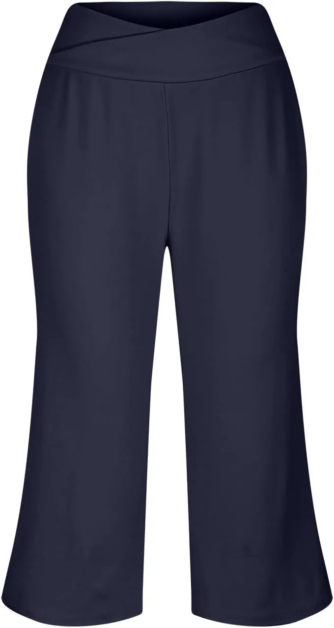 Womens Hiking Pants Elastic Waist Loose Linen Cotton Capris Petite Short Summer Capri Pants for Women Stretch Cargo