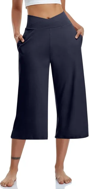 Womens Hiking Pants Elastic Waist Loose Linen Cotton Capris Petite Short Summer Capri Pants for Women Stretch Cargo
