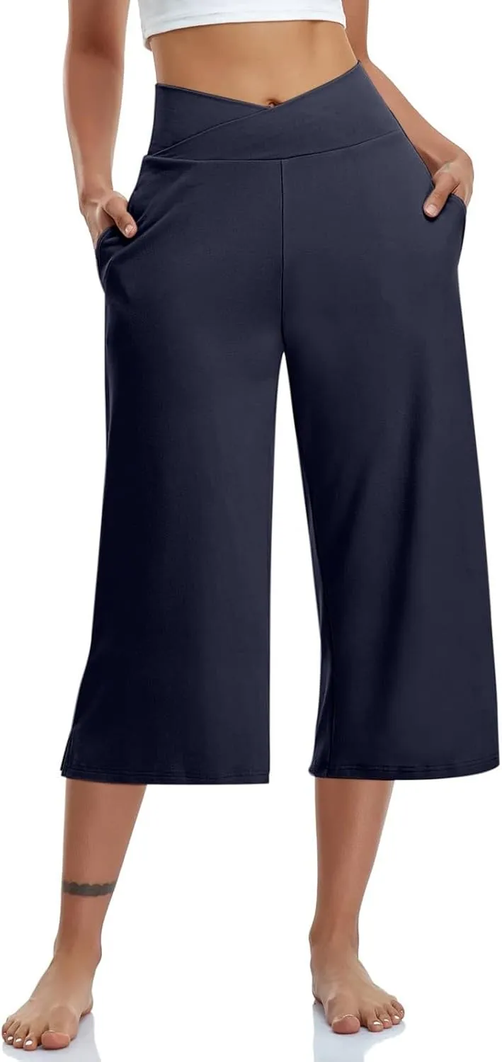 Womens Hiking Pants Elastic Waist Loose Linen Cotton Capris Petite Short Summer Capri Pants for Women Stretch Cargo