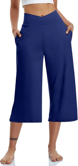 Womens Hiking Pants Elastic Waist Loose Linen Cotton Capris Petite Short Summer Capri Pants for Women Stretch Cargo